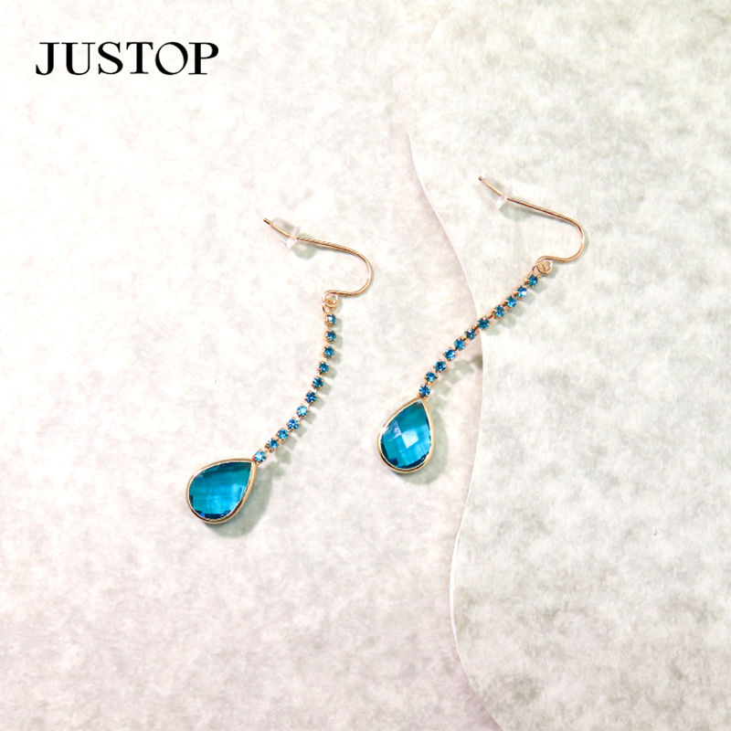 Copper Blue Crystal Teardrop Earrings with CZ Sparkling Chain