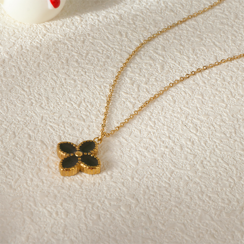 Stainless Steel Black Enamel 4 Leaves Clover Necklace Timeless Symbol