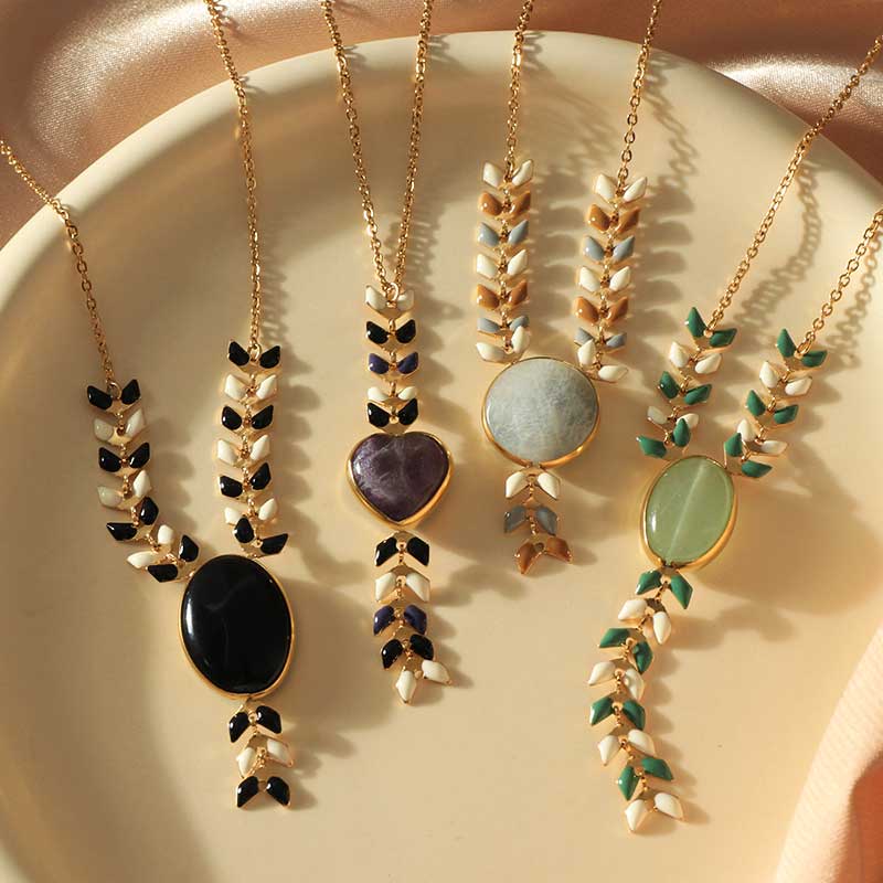 Unique Boho Necklaces with Natural Stone and Enamel Leaf Droplet Details