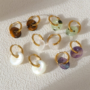 Elegant 18K Gold Plated Stainless Steel Hoop Earrings with Natural Stone Pendants
