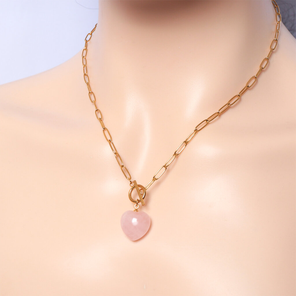 Modern Rose Quartz Heart Pendant Necklace in Stainless Steel