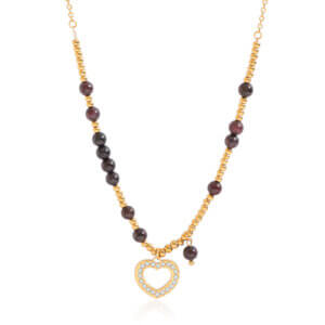 Gold Plated Natural Stone Bead Necklace With CZ Heart Pendant