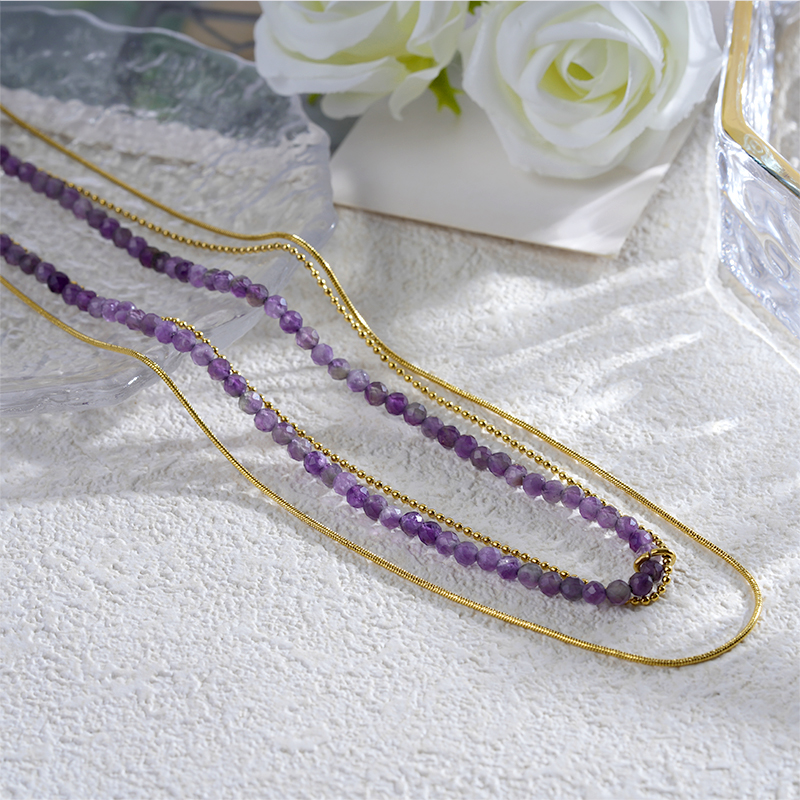 18K Gold Plated Triple Layer Natural Stone Bead Necklace