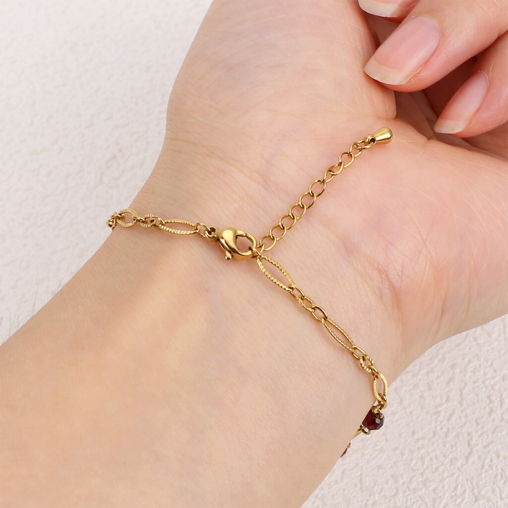 Modern Stainless Steel 18K Gold Plated Garnet Bead Bracelet