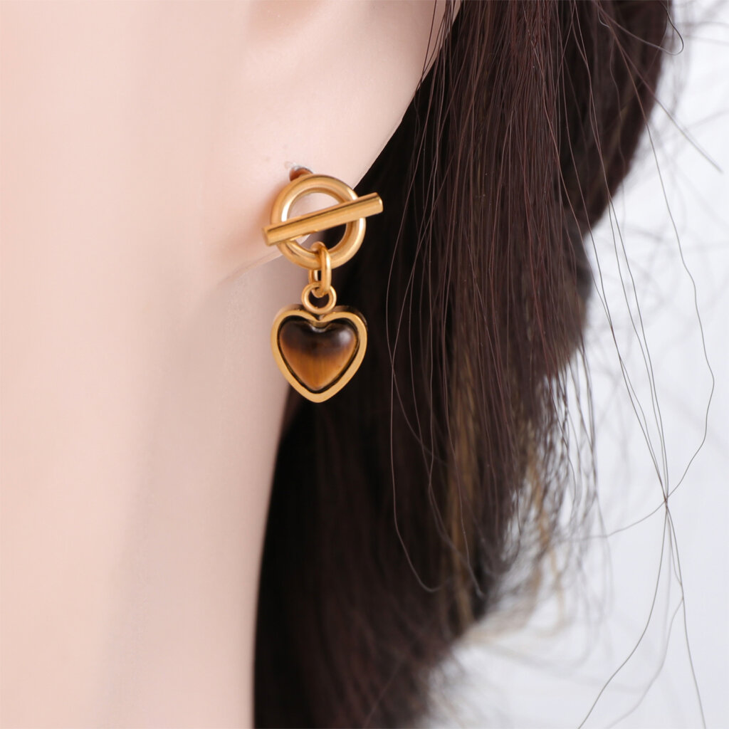 Boho Gold Plated Stainless Steel Tiger Eye Statement Heart Earrings