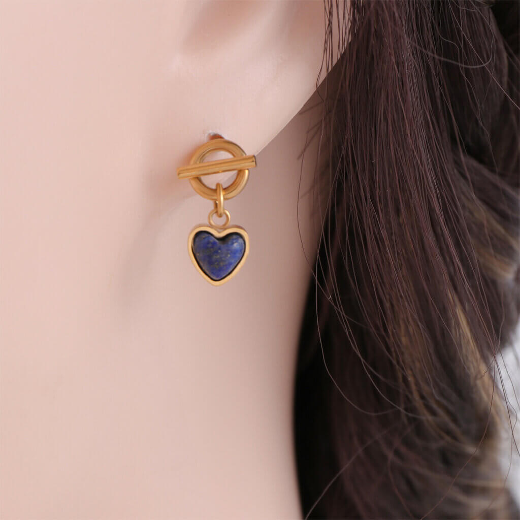 18K Gold Plated Stainless Steel Lapis Lazuli Heart Drop Earrings