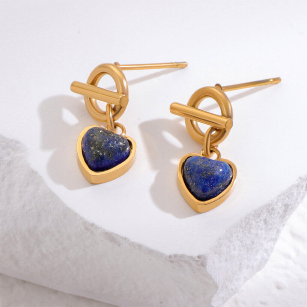 18K Gold Plated Stainless Steel Lapis Lazuli Heart Drop Earrings