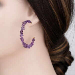 Natural Elegance 18K Gold Plated Raw Amethyst Hoop Earrings
