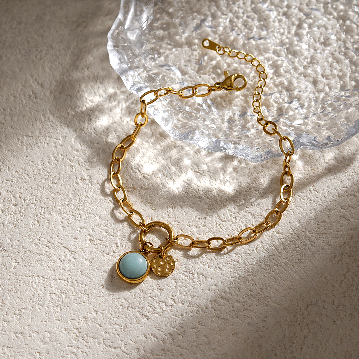 Contemporary Natural Stone Gold Link Bracelets with Hammered Disc Accents