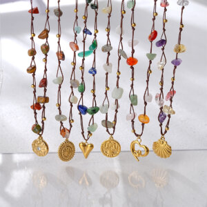 Bohemian Hand Knotted Cord Necklace with Natural Mixed Stones